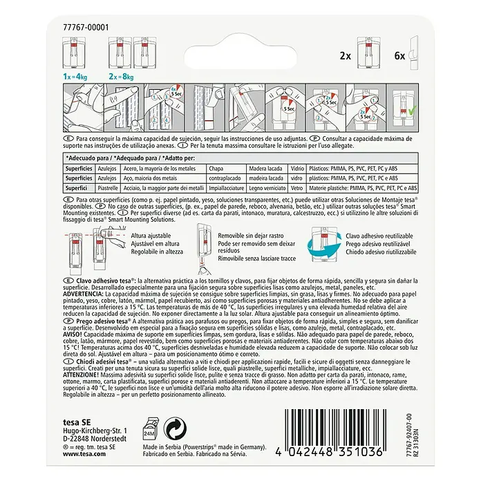 Tesa Clavo adhesivo ajustable - Blanco, Carga soportada: 4 kg, 2 ud. - Embalaje de clavos adhesivos Tesa.