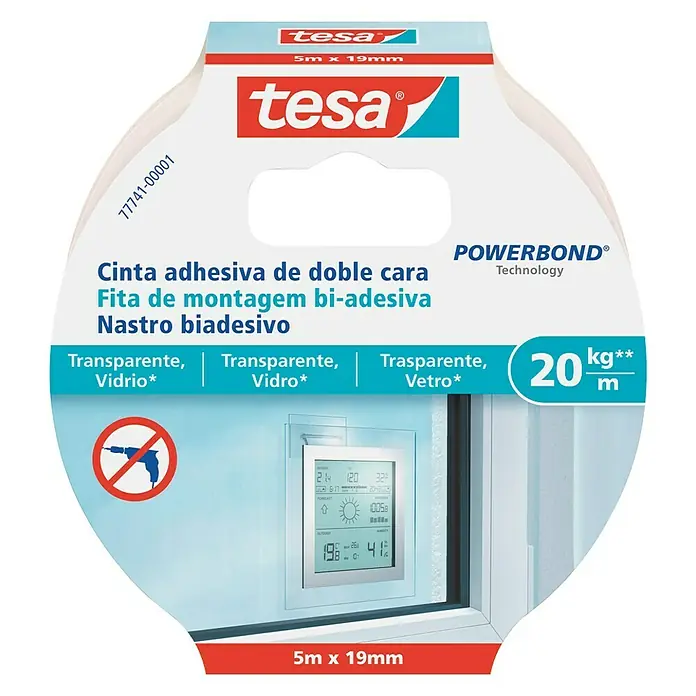 Tesa Powerbond Cinta de doble cara Vidrio - 1,9 cm x 5 m, Transparente - Cinta de montaje Tesa Powerbond para superficies transparentes como vidrio, soporta 20kg/m. Ideal para fijaciones interiores invisibles.