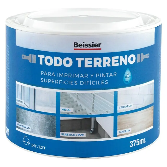 Beissier Imprimación de adherencia Todo terreno al agua - Blanco, 375 ml, Mate - Bote de pintura "Beissier Todo Terreno", apto para imprimar y pintar superficies difíciles como vidrio, metal, cerámica y plástico.