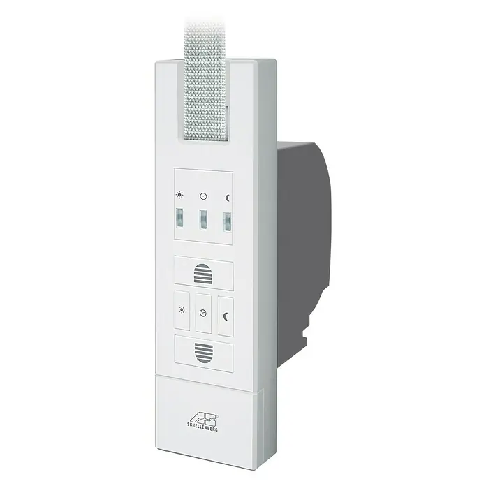 Schellenberg Rollodrive Recogedor de cinta de persiana 65 Standard - L x An x Al: 21 x 16,6 x 5,9 cm, Apto para: Maxi sistemas de persianas enrollables - Imagen del producto de un interruptor de temporizador inalámbrico Schellenberg con carcasa blanca y botones de control.