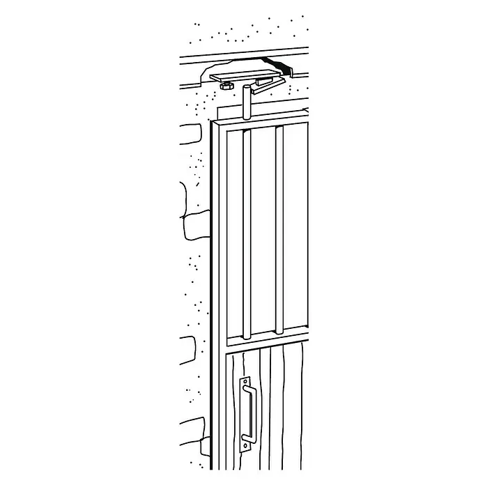 HBS Betz Herrajes adicionales de bloqueo para carril de guía Tipo 40 - Apto para: Puertas correderas - Dibujo en blanco y negro de una puerta con manija y mecanismo de cierre, incrustada en una pared de ladrillos. La puerta tiene barras verticales.
