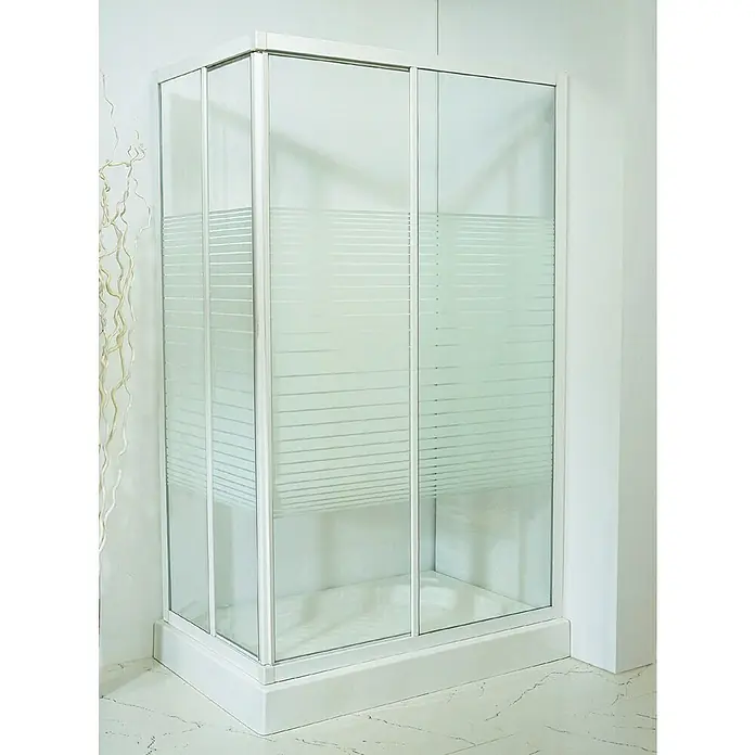 Mampara de ducha esquinera Ada - An x L: 90 x 70 cm, Vidrio serigrafiado, Blanco - Elegante cabina de ducha con un diseño de rayas horizontales de vidrio esmerilado para combinar privacidad y estilo. Ideal para cualquier baño moderno.