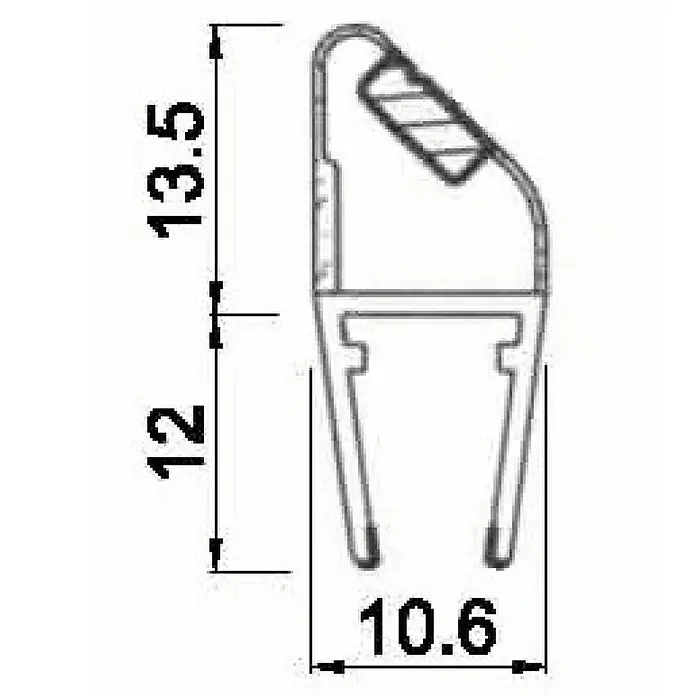 Perfil de sellado magnético cuña N - 200 x 1,06 x 2,55 cm, Transparente - Dibujo de perfil de un perfil de estanqueidad con dimensiones de 12 mm, 13,5 mm y 10,6 mm para aplicaciones técnicas.