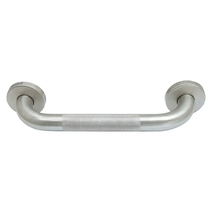 CM Baños Asidero de baño antideslizante - Ancho: 31 cm, Acero inoxidable, Cromo - En la imagen se muestra una barra de apoyo de acero inoxidable con un agarre texturizado, ideal para la seguridad y el apoyo en el baño.