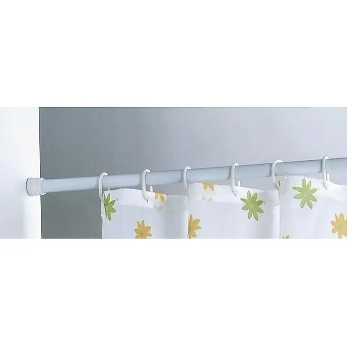 MSV Anilla para cortina de ducha - 12 ud., Blanco - Barra de cortina de ducha con una cortina floral. La barra es blanca y la cortina tiene flores amarillas y verdes, ideal para cualquier baño.