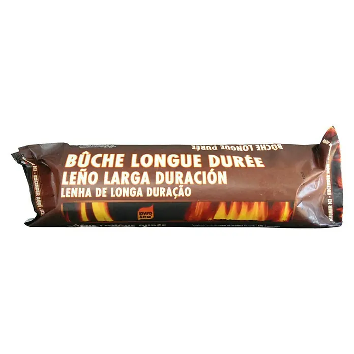 Pastillas de encendido - 1.100 g - Briqueta de larga duración: Una briqueta con la inscripción en alemán, francés, español y portugués.