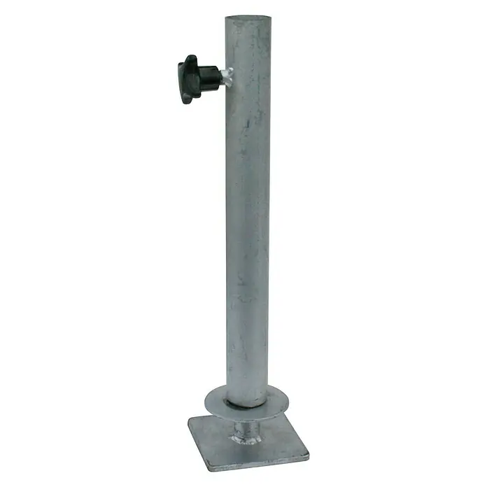 Base de parasol adaptable - Diámetro: 3,5 cm, Plateado - Imagen de un puntal de soporte ajustable con un botón de bloqueo negro y una base cuadrada para mayor estabilidad. Útil para nivelar.