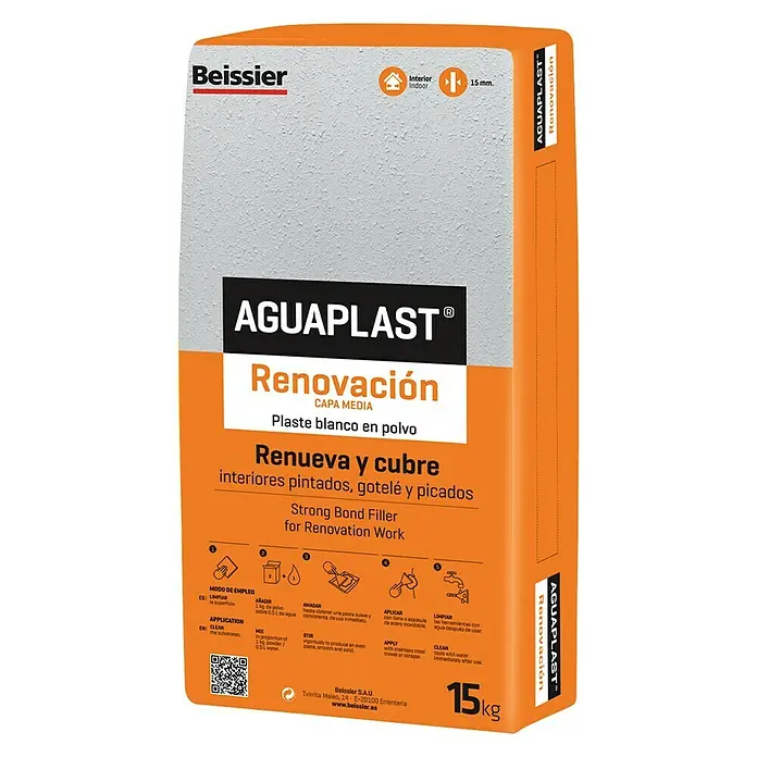 Beissier Aguaplast Plaste Renovación capa media - Blanco, 15 kg - Saco de AGUAPLAST Renovación con masilla en polvo blanca, ideal para proyectos de renovación de interiores para superficies lisas.