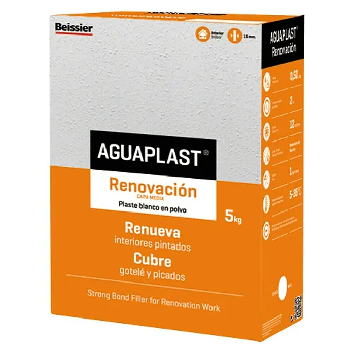 Beissier Aguaplast Plaste Renovación capa media - Blanco, 5 kg - Un cartón de AGUAPLAST Renovación, una masilla para la renovación de interiores. Apta para superficies pintadas y para cubrir imperfecciones.