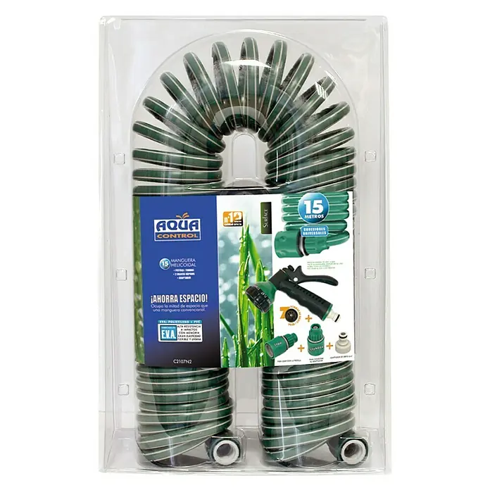 Altadex Manguera en espiral EVA - Largo: 15 m - Un juego de manguera de jardín enrollada verde Aqua Control con boquilla de pulverización y conectores, perfecto para el riego del jardín.