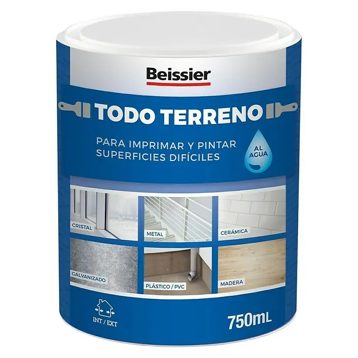 Beissier Imprimación de adherencia Todo Terreno al agua - Blanco, 750 ml, Mate - Imagen del producto de una lata de 750 ml de imprimación Beissier Todo Terreno, apta para superficies difíciles como vidrio, metal, cerámica y más.