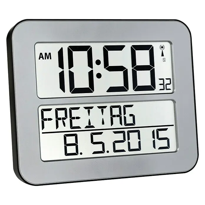 Reloj despertador de pared con calendario y pantalla LCD - Plateado - Reloj de pared digital que muestra la hora, la fecha y el día de la semana, perfecto para la oficina o el hogar.