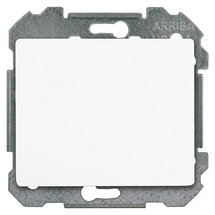 Siemens Delta Iris Tapa ciega - Blanco, Aluminio, IP20, Empotrar - Primer plano de un interruptor de luz Arriba blanco con marco metálico, combinando funcionalidad y diseño minimalista.