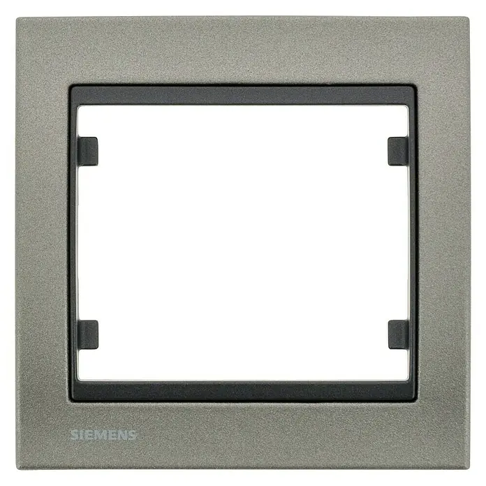 Siemens Delta Iris Marco - Mocca, Modelo de mecanismos: x 1, Aluminio, Instalar - Primer plano de una cubierta de marco gris de Siemens, que muestra un diseño moderno y minimalista para interruptores y enchufes.