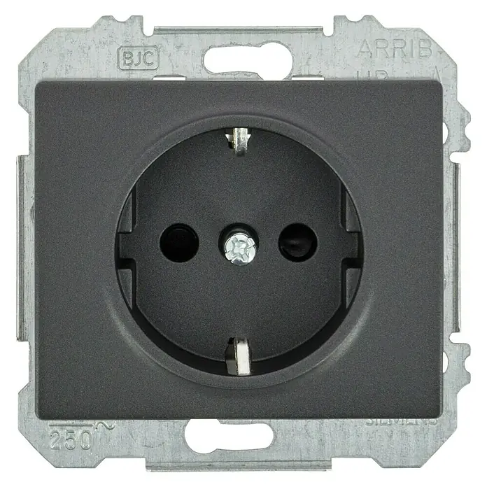 Siemens Delta Iris Enchufe - Antracita, Aluminio, Colocar - Toma de corriente BJC antracita. La toma está diseñada para 250V y tiene forma redonda con dos agujeros y contacto de protección.