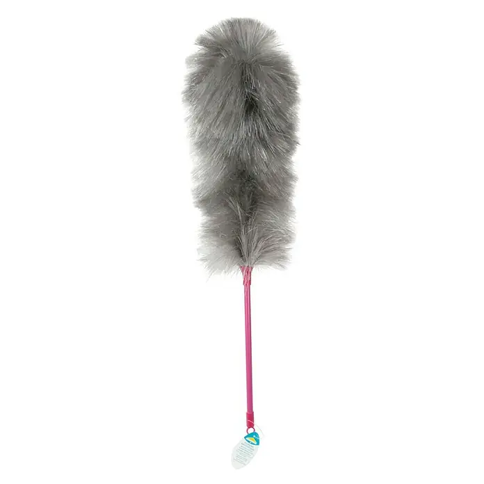 Plumero antiestático - 40 cm, Fibras sintéticas - Plumero de plumas grises con mango rosa y etiqueta. Perfecto para limpiar el polvo de muebles y superficies.