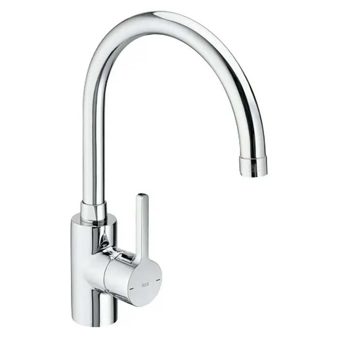 Roca Teras Grifo de cocina - Giratoria, Cromo, Brillante - En la imagen se muestra un moderno grifo de lavabo cromado con un elegante caño curvo y una palanca lateral para la regulación del agua.