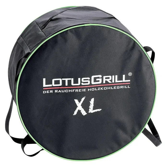 LotusGrill Holzkohlegrill XL - Durchmesser Grillfläche: 43 cm, Anthrazit - Tragetasche für LotusGrill XL. Die robuste Tasche mit Logo und grünen Akzenten erleichtert den Transport des Grills.