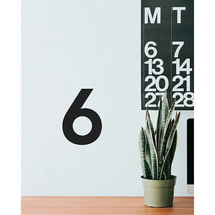 Vinilo de pared Número 6 - 4 x 9 cm, Negro, Plástico - Planta de interior en una maceta verde delante de una pared con un gran número negro "6" y un calendario.