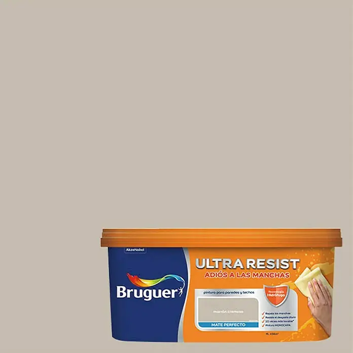 Bruguer Ultra Resist Pintura para paredes - Marrón cremoso, Mate, 4 l - Se muestra un cubo de pintura Bruguer Ultra Resist en un suave tono crema, perfecto para acabados de paredes y techos resistentes a las manchas.