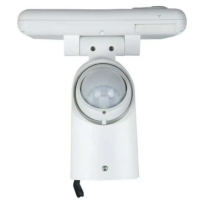 Lutec Proyector LED Esa con sensor y cámara - 25 W, L x An x Al: 19,3 x 20 x 26,8 cm, Blanco, Blanco frío - Primer plano de un detector de movimiento blanco con una lente redonda y un soporte para montaje en pared.