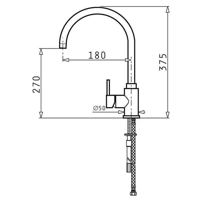 Pyramis Spültischarmatur Gusto Basic - Chrom, Glänzend - Technische Zeichnung einer Küchenarmatur mit den Maßen 270 mm Höhe, 180 mm Ausladung und 375 mm Gesamthöhe. Durchmesser 50 mm.