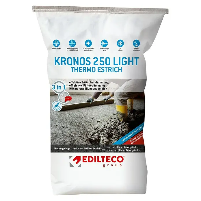 Thermo-Estrich Kronos 250 Light - 50 l, Gebrauchsfertig - Abbildung einer Sack KRONOS 250 LIGHT THERMO ESTRICH, ein Fertigmischung für effektive Trittschalldämmung und effiziente Wärmedämmung.