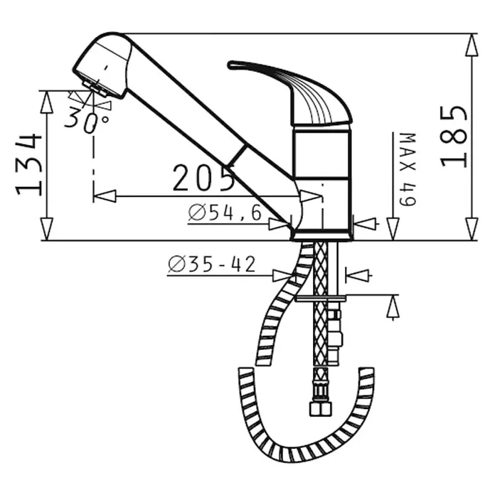 Pyramis Spültischarmatur Festivo - Irongrey, Matt - Eine technische Zeichnung einer Küchenarmatur mit Bemaßungen, die Details zu Größe und Design des Wasserhahns zeigt.