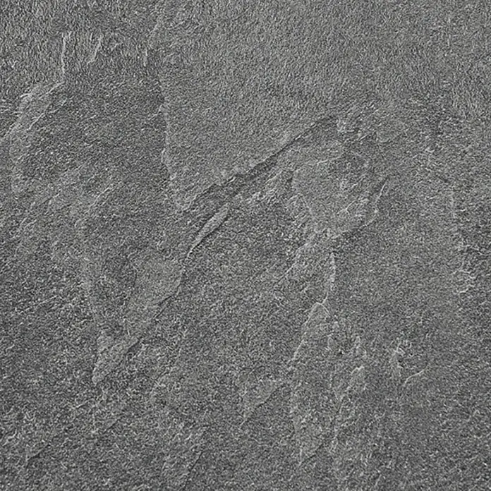 Sieger Gartentisch - L x B x H: 140 x 90 x 72 cm, Stahl, Mecalit, Oval, Anthrazit/Eisengrau - Nahaufnahme einer grauen Schieferplatte mit rauer Textur, ideal für Hintergründe oder Designelemente.