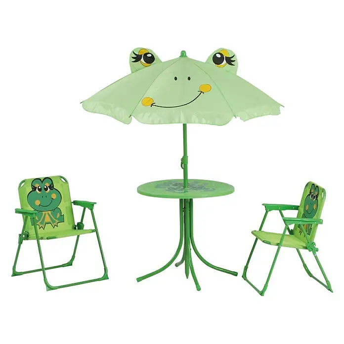 Siena Garden Froggy Kinder-Gartenmöbel-Set -  - Ein farbenfrohes, grünes Kinder-Gartenmöbelset mit Froschmotiv, bestehend aus Tisch, Sonnenschirm und zwei Klappstühlen. Ideal für den Garten.