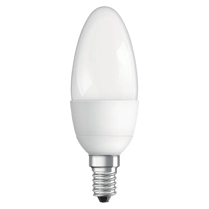 Osram Bombilla LED Superstar Classic B - E14, Intensidad regulable, Blanco cálido, 470 lm, 6 W - Primer plano de una bombilla LED con forma de vela, que emite una luz blanca cálida, combinando eficiencia energética con diseño decorativo.