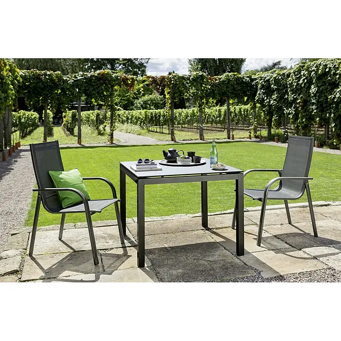 Sunfun Maja Gartenmöbel-Set - 3 -tlg., Glas/Textilen/Aluminium, Anthrazit - Gartentisch mit zwei Stühlen und Speisen. Das perfekte Set für ein entspanntes Essen im Freien.