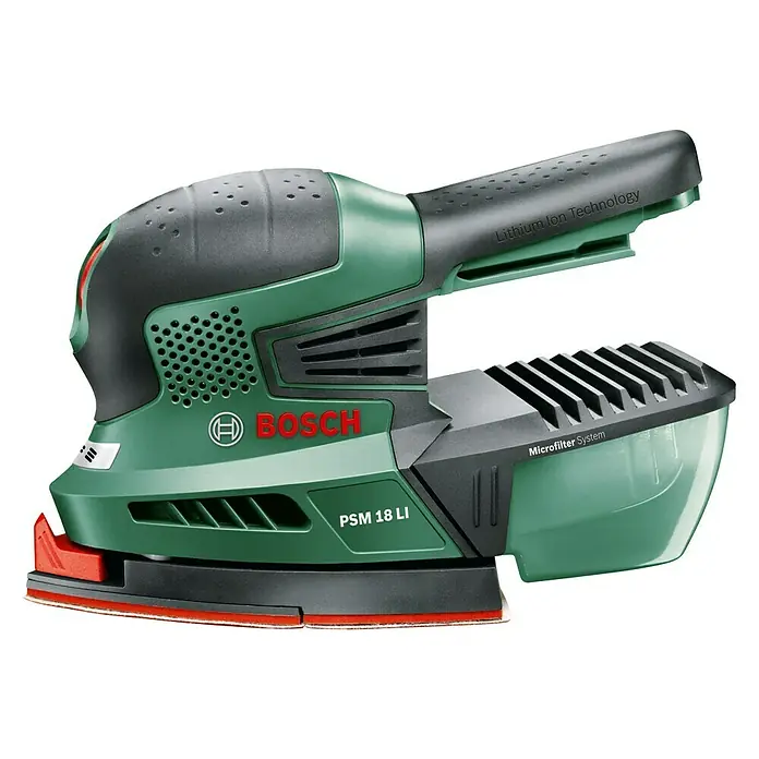 Bosch Power for All 18V Lijadora delta de batería PSM 18 Li - 18 V, Iones de litio, Sin batería, 22.000 r.p.m. - Una multi lijadora a batería Bosch PSM 18 LI en verde y negro. Ideal para tareas de lijado, compacta, manejable e inalámbrica para uso versátil.