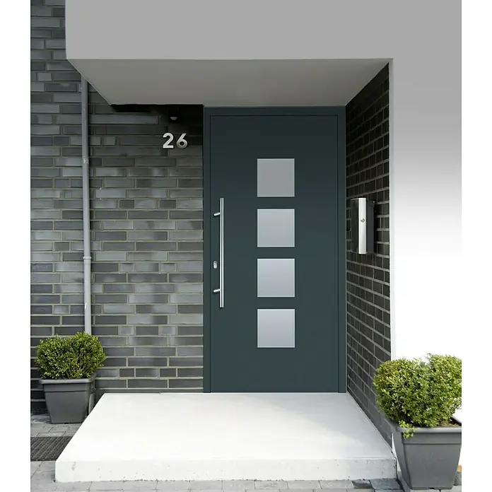 Solid Elements Haustür KA-103 - 110 x 210 cm, DIN Anschlag: Links - Eine moderne Haustür in Anthrazit mit vier quadratischen Glaseinsätzen und einem langen, eleganten Griff.