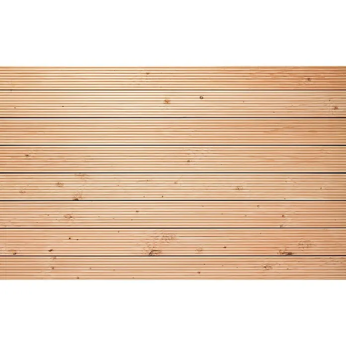 Terrassendiele - Douglasie, 200 x 14,5 x 2,8 cm, Rötlich gelblich - Nahaufnahme von geriffelten Holzterrassendielen. Die hellbraunen Dielen weisen eine feine Riffelung und natürliche Maserung auf.