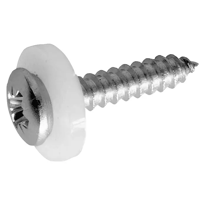 Sarei Fensterbankschrauben - Edelstahl A2, 3,9 x 19 mm, 12 Stk. - Nahaufnahme einer Schraube mit breitem, weißem Kopf, ideal für saubere und sichere Befestigungen in verschiedenen Anwendungen.