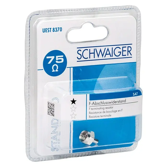 Schwaiger F-Abschlusswiderstand - F-Stecker, 75 Ω - Nahaufnahme einer Schwaiger 75 Ohm F-Abschlusswiderstand, verpackt in einer durchsichtigen Plastikhülle.