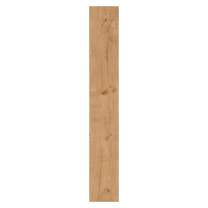 Laminat - Pinie, Landhausdiele, 1.285 x 192 x 8 mm - Holzbrett in warmen Brauntönen mit deutlicher Maserung und Astlöchern, ideal für rustikale Dekorationen und Möbel.