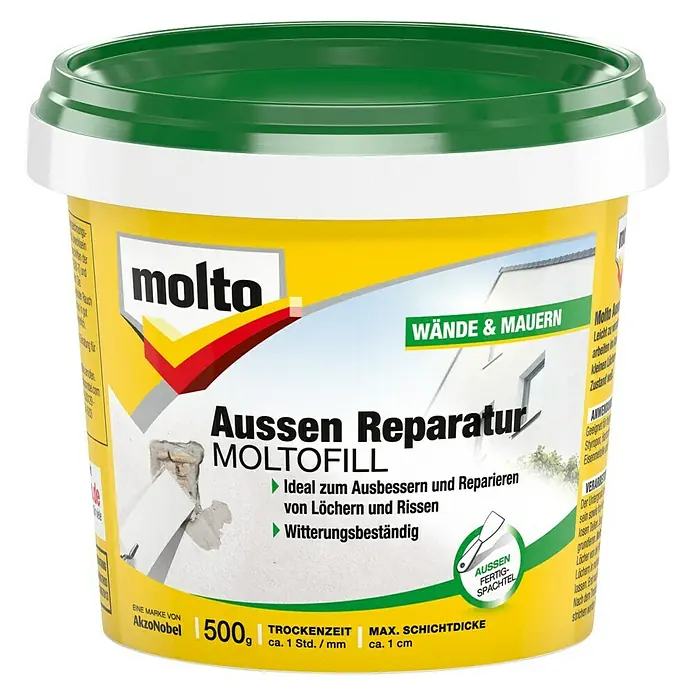 Molto Reparaturspachtel Außen-Moltofill - Gebrauchsfertig, 500 g - Bild eines Eimers Molto Aussen Reparatur Moltofill, einer gebrauchsfertigen Spachtelmasse für Außenwände und Mauerwerk.