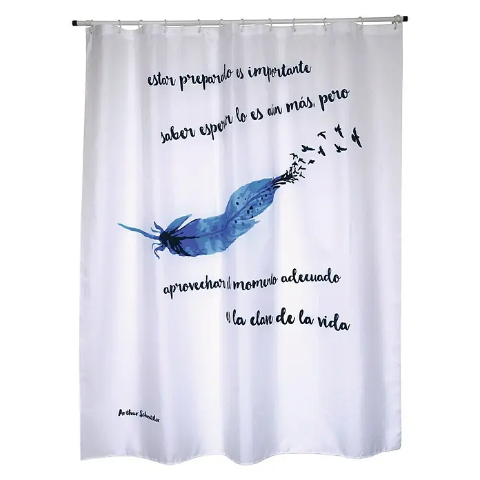 Venus Cortina de baño Pluma - An x Al: 180 x 200 cm, Plástico, Azul/Blanco - Esta cortina de ducha blanca presenta un diseño de plumas con citas inspiradoras en tinta azul.