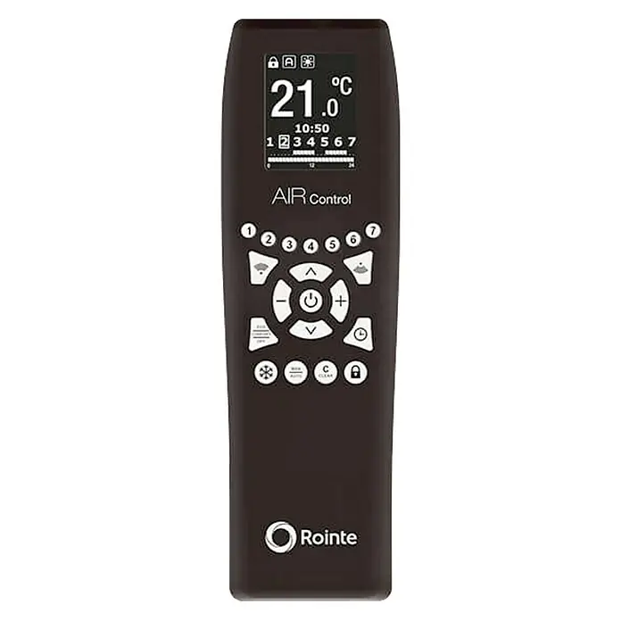 Rointe Mando a distancia AIR Control black series - Negro - Primer plano de un mando a distancia Rointe que muestra la pantalla de temperatura y varios botones de control para aire acondicionado.
