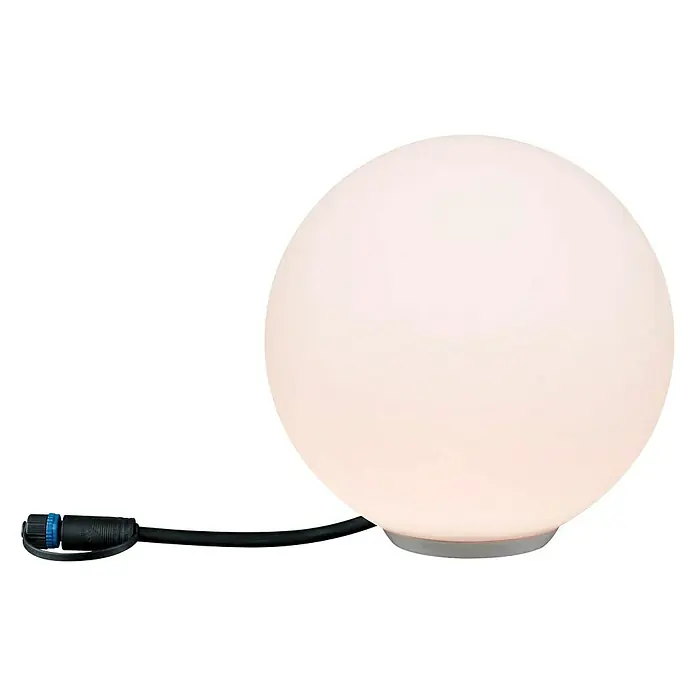 Paulmann Plug & Shine Aplique para exterior LED Globe - 2,8 W, IP67, Blanco cálido - Primer plano de una lámpara de mesa redonda y brillante con cable, ideal como iluminación ambiental.