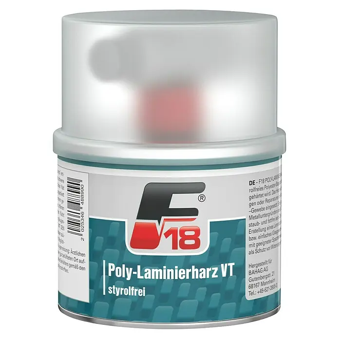 F18 Poly-Laminierharz - 500 g - Dose Poly-Laminierharz VT von F18, ein styrolfreies Polyesterharz zum Laminieren und Reparieren.