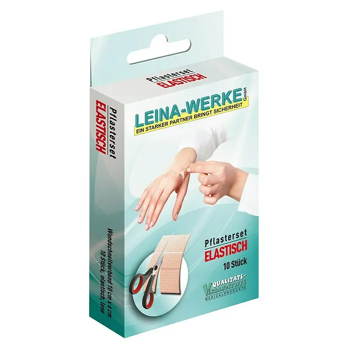 Leina-Werke Pflaster-Set Elastisch - 10 Stk., 10 x 6 cm, Individuell zuschneidbar - Bild einer Packung LEINA-WERKE Pflasterset Elastisch mit 10 Stück, einem Wundschnellverband für die Wundversorgung und zum Schutz.