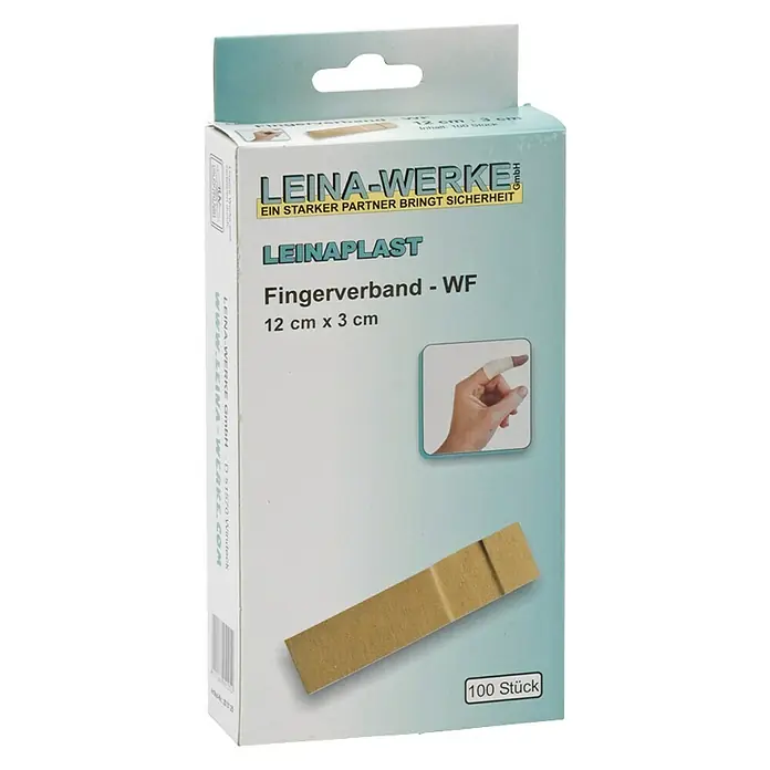 Leina-Werke Fingerverband100 Stk., 12 x 3 cm, Wasserfest - Packung Leinaplast Fingerverband-WF, 12 cm x 3 cm, mit dem Hinweis "Ein starker Partner bringt Sicherheit". Inhalt: 100 Stück.