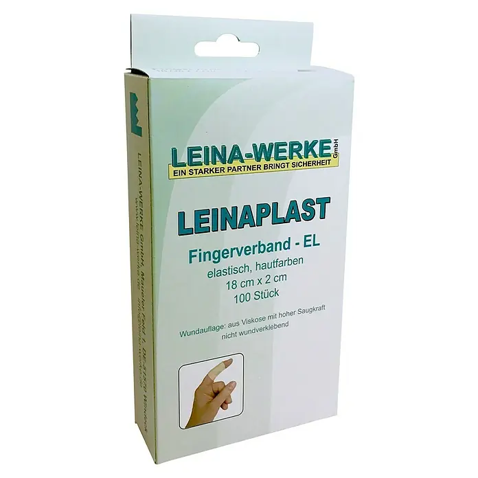 Leina-Werke Fingerverband - 100 Stk., 18 x 2 cm, Elastisch - Verpackung von LEINAPLAST Fingerverbänden - EL, elastisch, hautfarben, 18 cm x 2 cm, 100 Stück, mit Wundauflage aus Viskose.