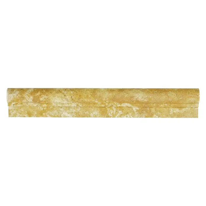 Fliesenbordüre Travertin PO 51348 - 30,5 x 4,8 cm, Gold, Matt - Detaillierte Ansicht einer Travertin-Bordüre, die die natürliche Textur und die warmen Farbtöne dieses dekorativen Elements hervorhebt.