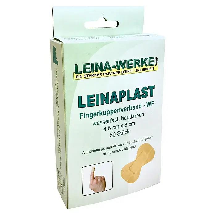Leina-Werke Fingerkuppenverband - 50 Stk., 4,5 x 8 cm, Wasserfest - Packung Leinaplast Fingerkuppenverbände WF, wasserfest und hautfarben, 4,5 cm x 8 cm, 50 Stück.