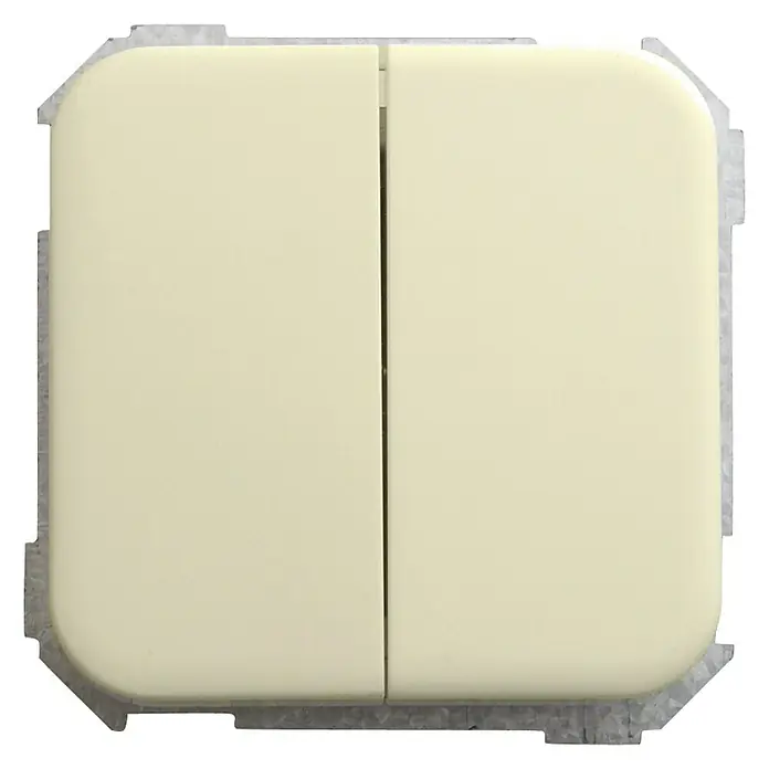 Simon 31 Conmutador doble - Marfil, Colocar, Plástico, 10 A - Primer plano de un interruptor de luz doble color crema con esquinas redondeadas, montado en un soporte metálico gris.
