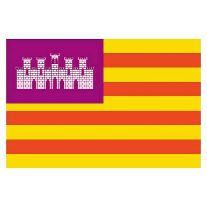 Bandera Baleares - 30 x 45 cm - Bandera de la isla de Mallorca, España, con franjas doradas y rojas y una esquina morada con un castillo blanco.